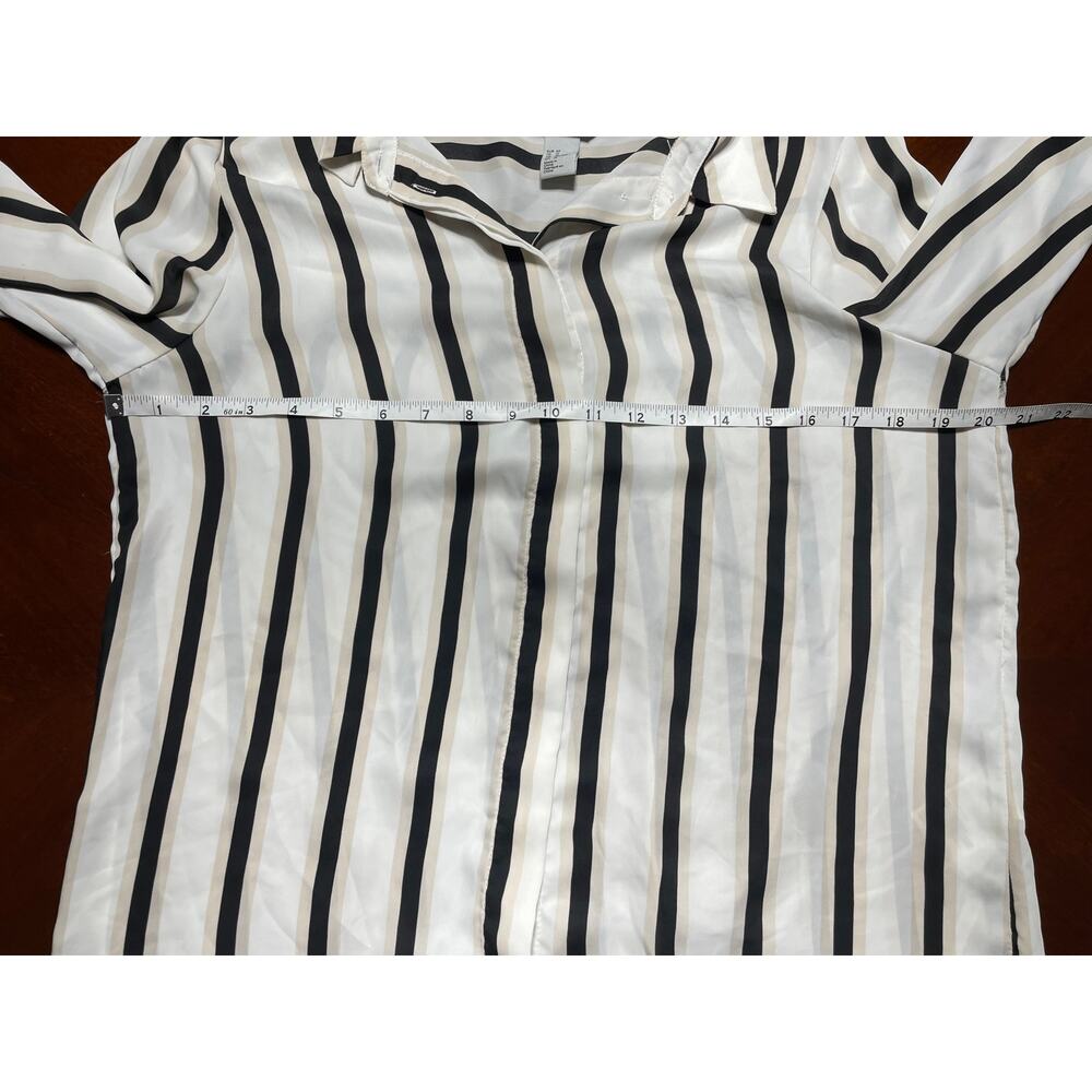 H&M Womens Blouse Size 12 Button Up Long Sleeve Stripe Collar White Black Beige - Picture 6 of 8